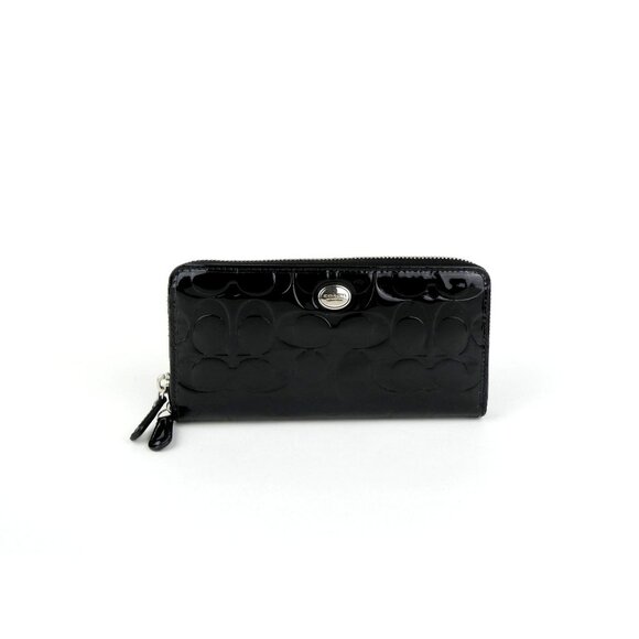 Coach Signature Embossed Black Patent Leather Accordion Zip Wallet - Picture 1 of 12
